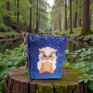 Fotobuch Schlüsselanhänger aus Delica-Perlen mit Eulenmotiv auf dunkelblauem Hintergrund in Peyote-Technik
