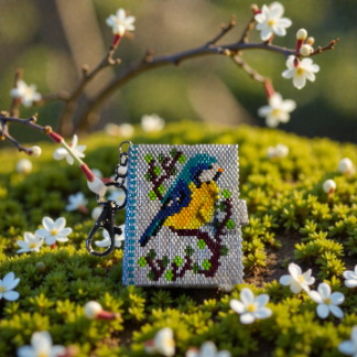 Fotobuch Schlüsselanhänger aus Delica-Perlen mit stehendem Vogelmotiv in Peyote-Technik