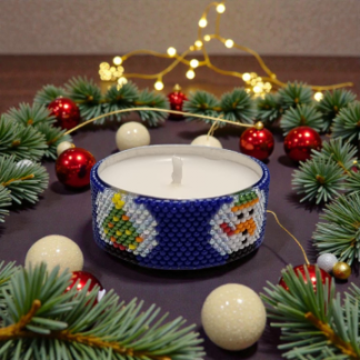 Teelichtumrandung Xmas 1 mit Schneemann und Weihnachtsbaum Motiv in Peyote-Technik 15/0