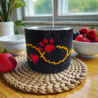 Windlichtumrandung klein Katzenliebe mit Herzrhythmusmotiv in Peyote-Technik