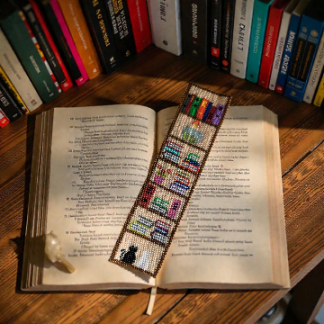 Lesezeichen Buchregal aus Delica Perlen im Brick Stitch mit bunten Buchrücken