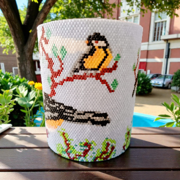 Windlichtumrandung Alle Vögel mit Ast- und Vogelmotiv in Peyote-Technik