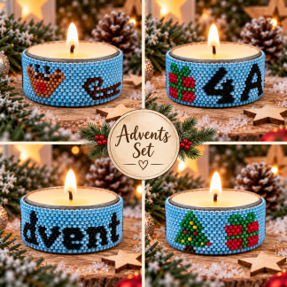 Handgeperlte Teelichtumrandungen Advent im 4er-Set mit vier unterschiedlichen Adventsmotiven