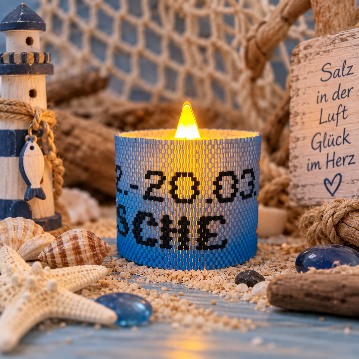 Windlichtumrandung Fische mit Enddatum des Sternzeichens und letzten Buchstaben des Schriftzugs Fische