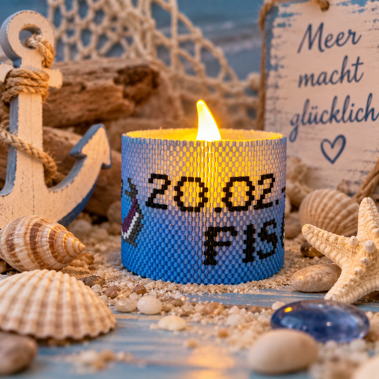 Windlichtumrandung Fische mit Startdatum des Sternzeichens und Anfangsbuchstaben des Schriftzugs Fische