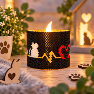 Handgeperlte Windlichtumrandung Katzenliebe mit Katze und Herz