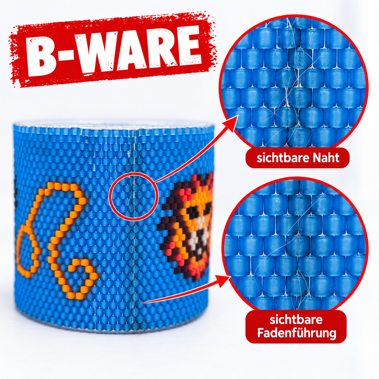B-Ware Windlichtumrandung Löwe mit sichtbarer Naht und sichtbarer Fadenführung bei transparenten Perlen