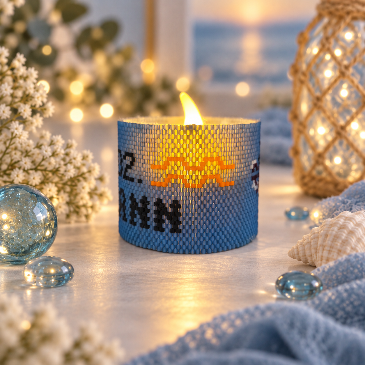 Windlichtumrandung Wassermann mit orangefarbenem Sternzeichen-Symbol und elektrischem Teelicht