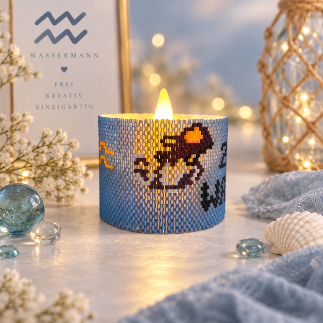 Windlichtumrandung Wassermann aus blauen Perlen mit Wassermann-Motiv und elektrischem Teelicht