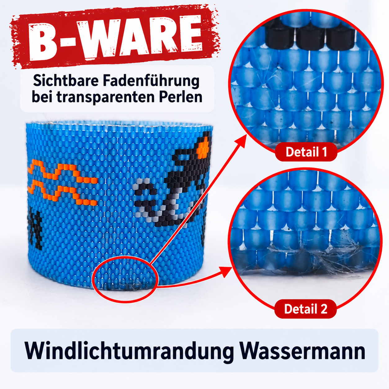 B-Ware Windlichtumrandung Wassermann mit sichtbarer Fadenführung bei transparenten Perlen