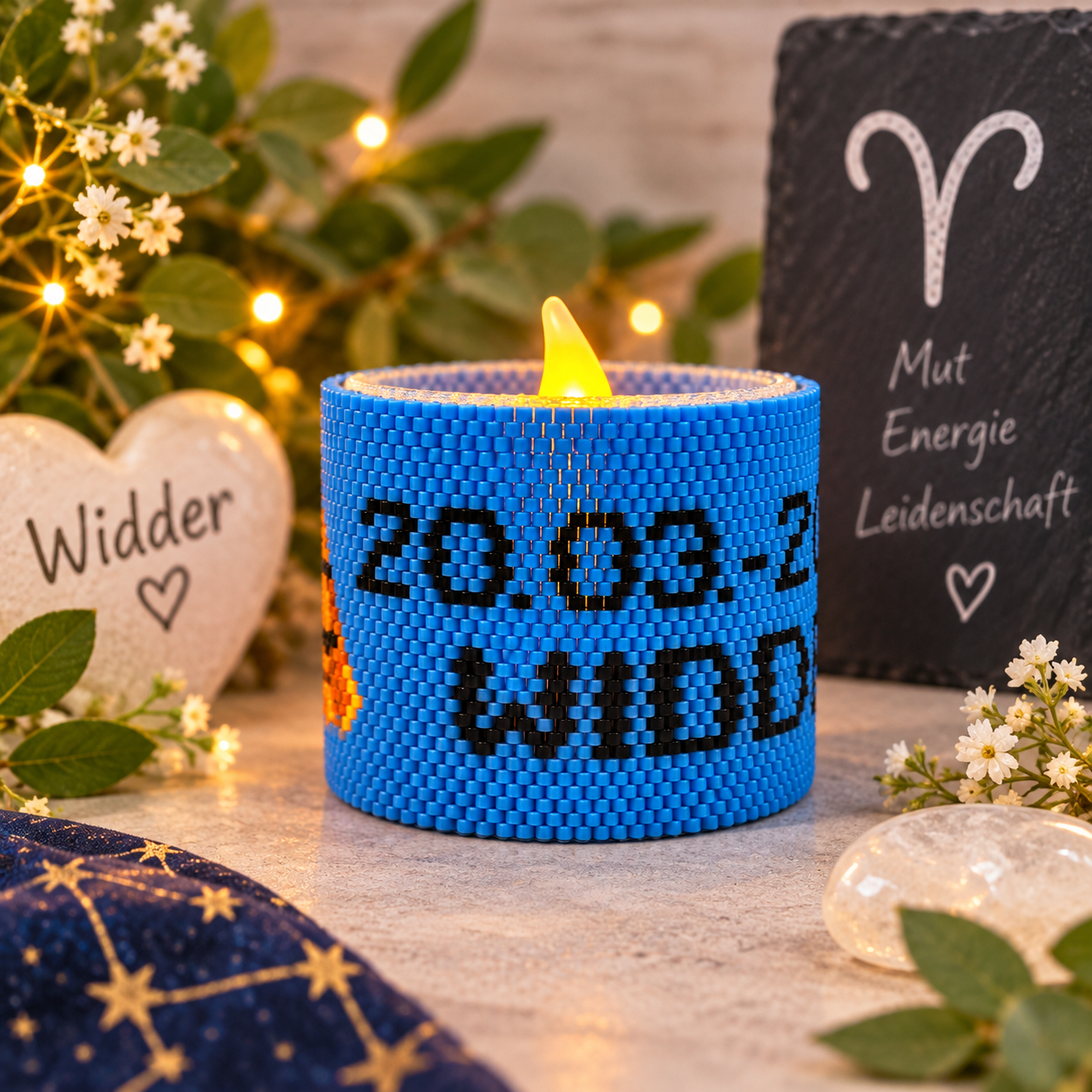 Windlichtumrandung Widder mit Startdatum des Sternzeichens und Schriftzug Widder